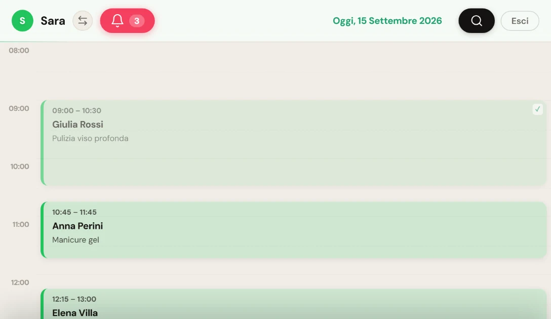 L'agenda di un centro estetico: pulizia viso, manicure gel e ceretta sulla linea del tempo della giornata.